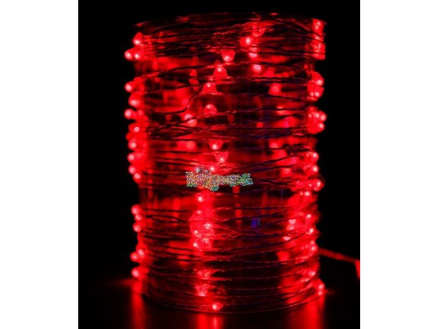 Светодиодная нить Роса 10 метров, 100 led, цв. красный, провод прозрачная проволока