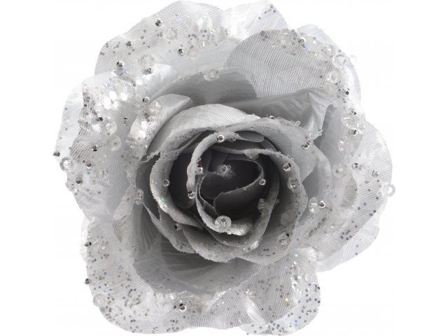 Роза Искристая 14 см серебряная, клипса Kaemingk 629350