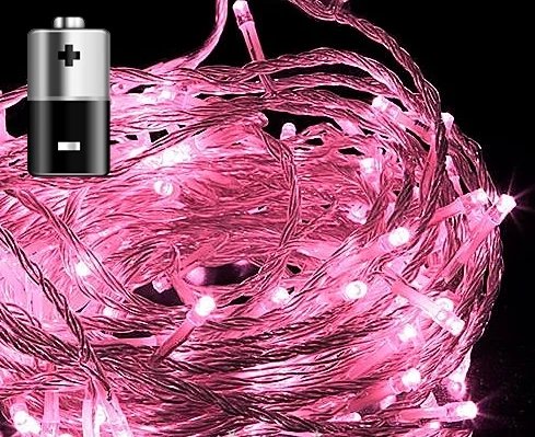 Нить на батарейках 5 метров, 50 led, таймер, цв. светло розовый, провод прозрачный cиликоновый