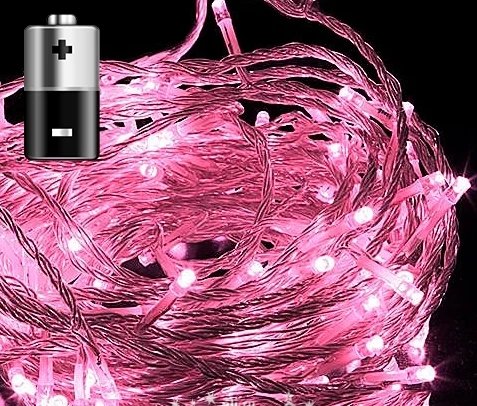 Нити на батарейках 10 метров, 100 led, таймер, цв. светло розовый, провод прозрачный cиликоновый