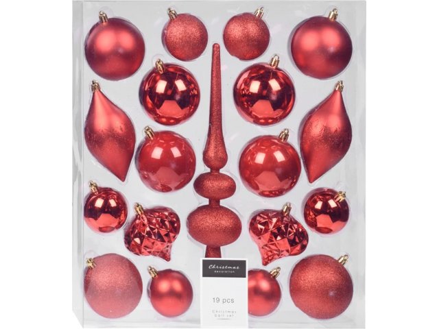 Набор пластиковых шаров с верхушкой Сен-Дени красный, 6-13 см, 19 шт Koopman