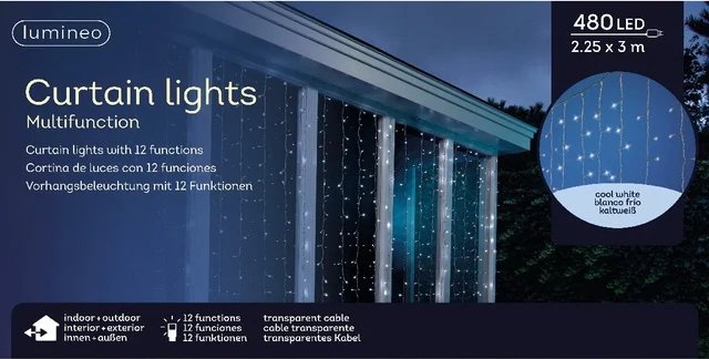 Светодиодный занавес Brilliant Waterfall 2.25*3 м, 480 холодных белых LED ламп, прозрачный ПВХ, контроллер, IP44 Kaemingk
