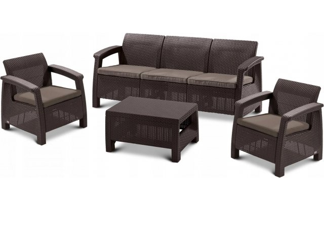 Комплект Keter Corfu Triple Set (диван трехместный + два кресла + столик) Коричневый