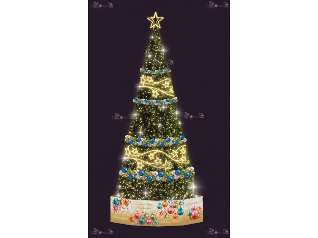 Световая елка Decois Новогодняя зеленая елка с желто-синим оформлением, 10х4м